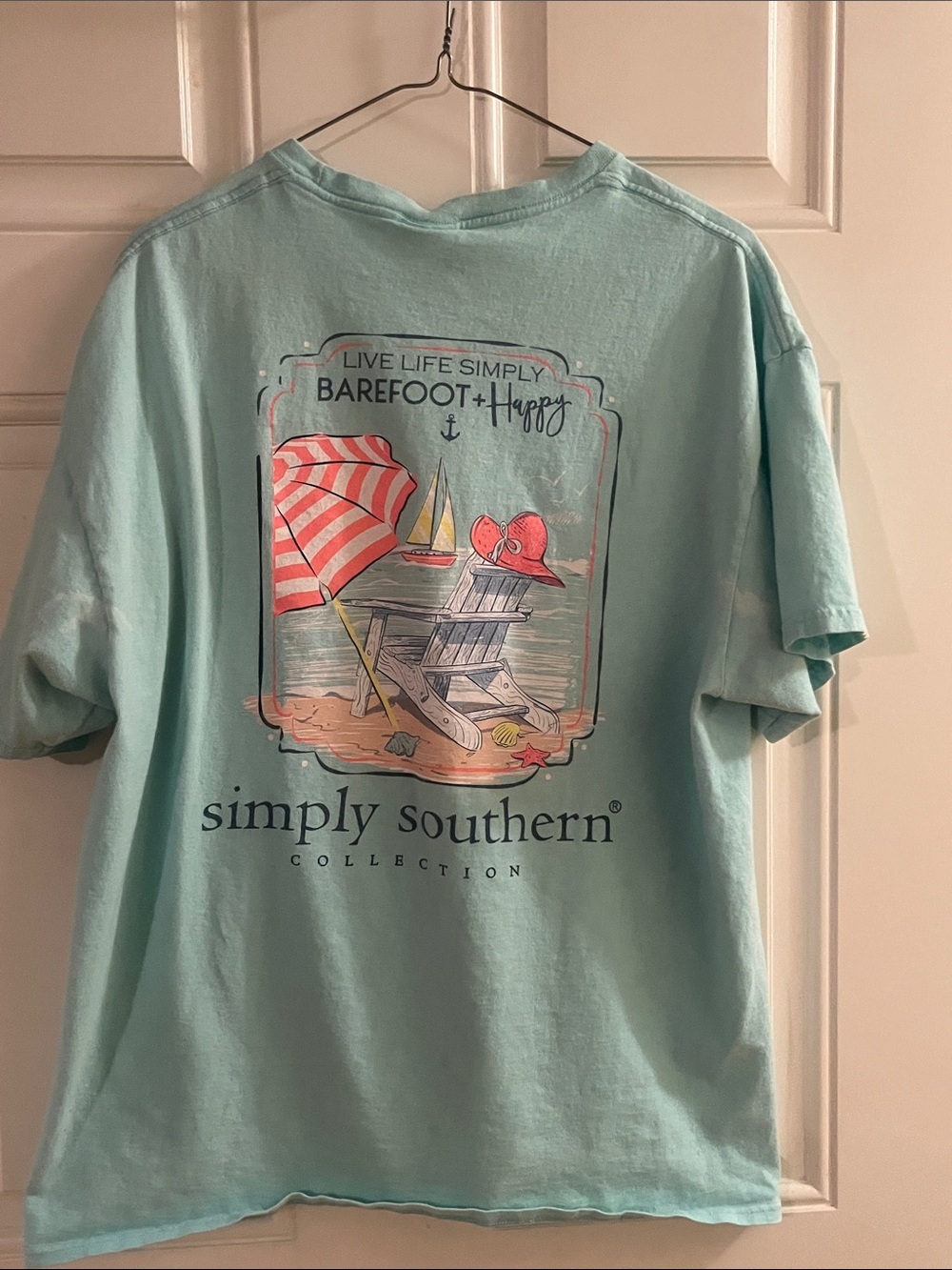 Simply Southern Men's Light Aqua Beach Graphic Tee with Coral Accent